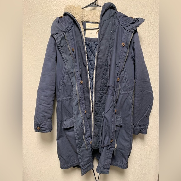Vintage L.O.G.G. H&M navy thermal lined removable Sherpa hood parka coat Sz 12 - Picture 5 of 16